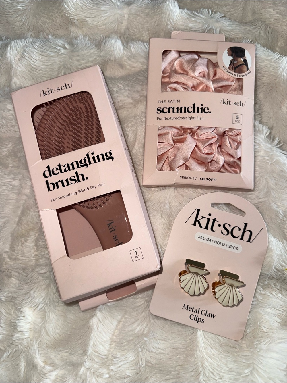 Kitsch hair bundle, 3pc. Brush, 5 satin scrunchies, 2 shell claw clips